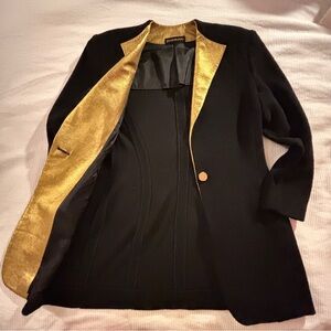 Vintage 80s wool knit evening jacket, with gold leather lapel detail.